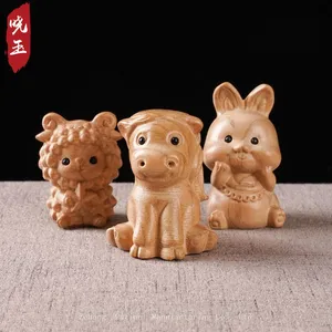Chinese Zodiac Cartoon Ornaments Peach Wood Carving Hand-held Dolls Wood Carving Animal Zodiac Ornaments thumbnail-2