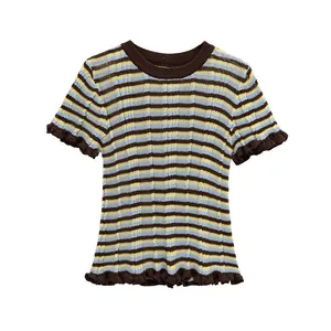 2025 New Summer Korean Version Simple Style Striped Round Neck Layered Decorative Striped T-shirt thumbnail-3