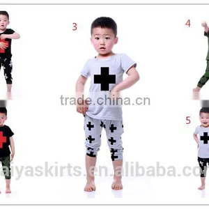 2016 Summer Kaiya Solid Cotton Printed Short T-shirt and Pant Kids Boys Clothes Sets thumbnail-1