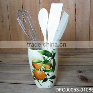 Orange Decal Ceramic Kitchen Utensil Holder/ Organizer With Wooden Spoons & Iron Stirrer thumbnail-1