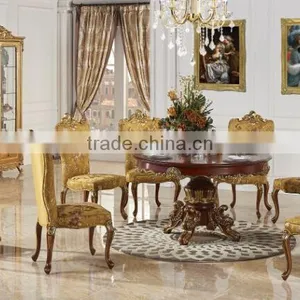 Vintage Round Dinner Table With Upholstery Chair, Hand Carved Wooden Dinning Table Set, Golden Furniture Dinning Room Set thumbnail-1