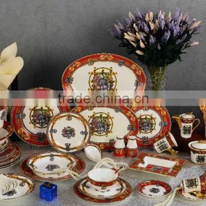 High-class Ceramic Dinner Ware Red Color Silk Fibbon Flower Design Bone China Dinnerware Set thumbnail-1