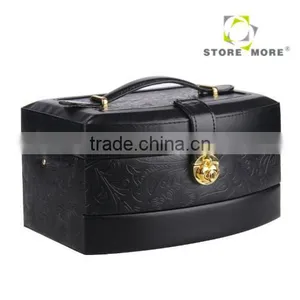 Black Pu Leather Jewelry Box Jewelry Case Jewelry Storage Organizer With Lock And Mirror thumbnail-1