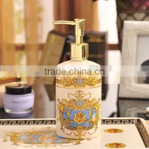 Classic European Baroque Style Ceramic Bath Accessories Set 6 Pcs in Fancy Golden and Blue, Liquid Soap Dispenser BF12-03254h thumbnail-3