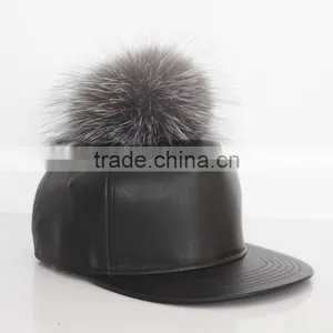Myfur Man Handsome Style Pure Leather Baseball Cap Hat With Real Silver Fox Fur Bobble Cap thumbnail-1