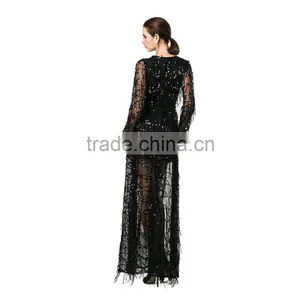 Yihao 2016 Sexy Nighty Ankle-length Long Sleeve Deep V Two Split Sequin Maxi Dresses of Woman Dress thumbnail-2
