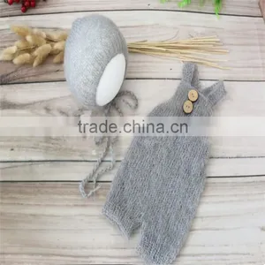 Newborn Hat and Pant Crochet Mohair Bonnet Baby Hooded Romper Lace Girl Overall Outfit Onesie Photography Props Knitted Clothes thumbnail-2