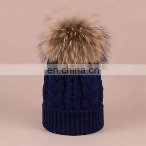 Jumbo Genuine Raccoon Fur Pom Balls Hats Knitted Twist Pattern Hats thumbnail-3