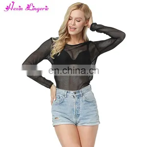 Hot Sale Fishnet Oversized Crewneck New Design Women Blouse Long Sleeves thumbnail-2