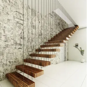 Modern Wood Floating Staircase With Stair Railings Design thumbnail-2