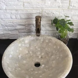 White Onyx Mosaic Bathroom Vessel Round Sink Stone Wash Basin thumbnail-1