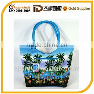 Waterproof Palm Tree Beach Design Canvas Beach Bag With Wood Balls Zipper Closure 21 X 15 X 6" thumbnail-1