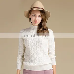 Oversized Women White Color Half Turtleneck Cable Knit Italian Cashmere Sweater thumbnail-1