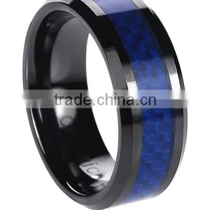Ceramic Ring for Men, Ceramic Blue Carbon Inlay Band thumbnail-1