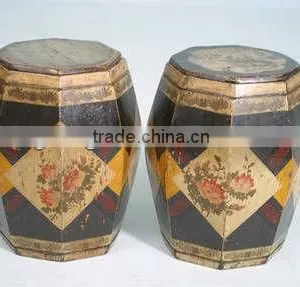 Chinese Antique Colorful Wooden Drum Stool thumbnail-1