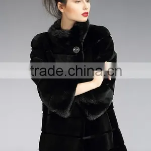 Rex14048 Rex Rabbit Fur Coat With Mink Fur Collar and Cuffs Black thumbnail-1