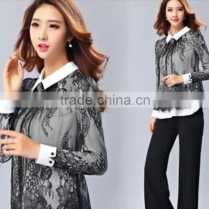 New Design 2014 Elegant Long Sleeve POLO Collar Lace Lady Shirt thumbnail-3