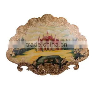 Noble Hand Painted Wood Wall Painting, Decor Fan Shaped Hanging Wall Picture, Solid Wood Carved Hanging Wall Art thumbnail-1