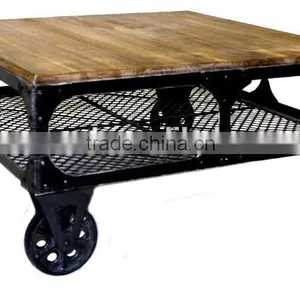 Industrial Rustic Wood Top Coffee Table With Wheels thumbnail-2