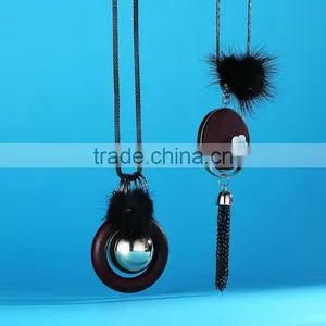 Silver Ball Wood Hoop Pompon Pendant Necklace Korea Retro Long Sweater Necklace Autumn Geometric Necklace thumbnail-2