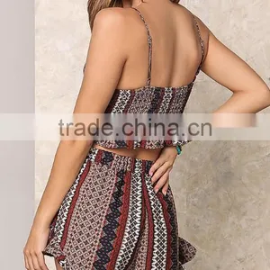 2017 Wholesale Sexy Women Hippie Printed Halter Crop Tops And Pants Designs Stylish Two Piece Sets thumbnail-3