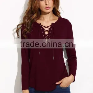 WOMEN'S APPAREL Burgundy Lace Up Long Sleeve T-shirt thumbnail-1