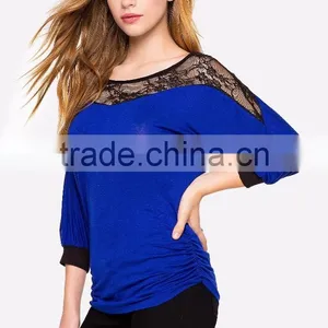 3/4Sleeve Contrast Trims Lacey Yoke Lady Blouses for Women Summer 2015 thumbnail-3