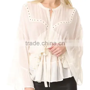 2017 OEM Lightweight Lace Trim Hem Wrapped Body Chiffon Blouse thumbnail-2