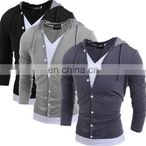 New Fashion Mens V Neck Long Sleeve Slim Fit Hooded Casual T-Shirt Tops Tee Shirts thumbnail-2