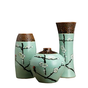Green Chinese Style Hand Made Paint Large Three-Piece Ceramic Vase For Home Table Decor thumbnail-5