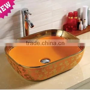 Beautiful White Bathroom Ceramic Vanity Golden Color Counter Top Basin thumbnail-4