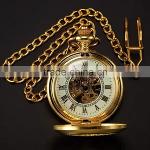 Fashion Skeleton Gold Case Roman Dial Mens Mechanical Pocket Watch thumbnail-6