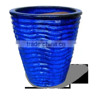 Ceramic Rippled Tapered Pot, Dark Blue thumbnail-1