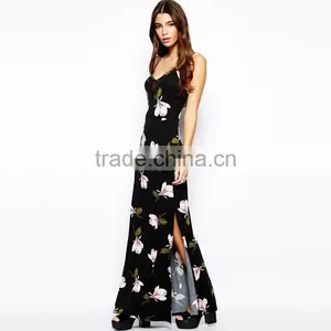Ladies Summer Sleeveless Classic Floral Print Deep V-neck Back Open Sexy Halt Fitted Long Sexy Split Maxi Dress thumbnail-1