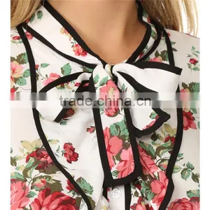 2017 Latest Long Sleeve Spring Fashion Ladies Floral Tie Neck Blouse thumbnail-5