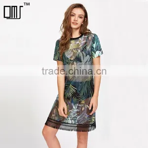 WOMEN Sexy Short Shirt Dress, Printed and Mesh Design Black Dress thumbnail-1