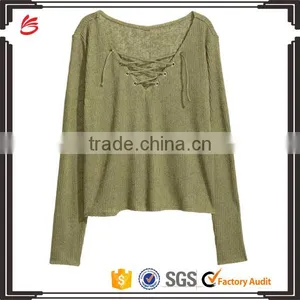 Ladies Wearing Hand Knitted Wool Sweaters With Lacing V-Neck Design thumbnail-1
