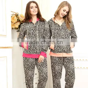 Custom Women Fancy Leopard Pajamas With Hood Cvc French Terry Winter Design Pajamas for Women thumbnail-1