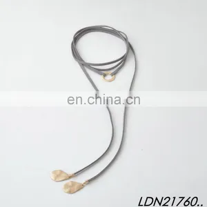 Layered Gray Knot Suede Wrap Necklace Gold Circle Pendant Bohemian Choker Necklace Jewelry thumbnail-5