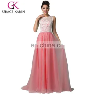 7 Colors Available Grace Karin Floor Length Formal Dress Elegant Sleeveless Watermelon Red Long Lace Prom Dresses 2016 CL6108-4# thumbnail-1