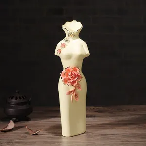 Creative Chinese Classical Cheongsam Lute Yellow White Ceramic Vase For Coffee Shop Decor thumbnail-4
