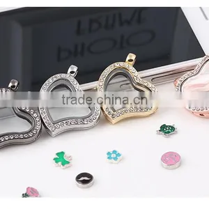 Crystal Rhinestone Heart Shaped Floating Charm Locket Pendant Without Chain thumbnail-4