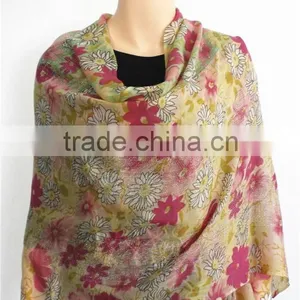 Floral Pattern Printed Wool Scarf With Fringe thumbnail-1
