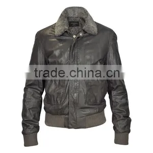 New!Dark Brown,Leather Bomber Jacket,Removable Sheepskin Collar! thumbnail-1