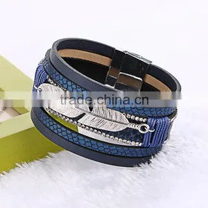 6 Color In Stock Fashion Silver Leaf Charms Vintage Multilayer Crystal Leopard Leather Bracelet thumbnail-2