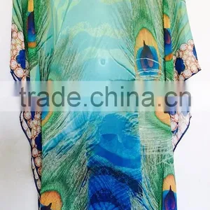 Peacock Digital Print Crystal Embellished Lace up Kaftan CAFTAN Tunic Poncho Blouse thumbnail-4