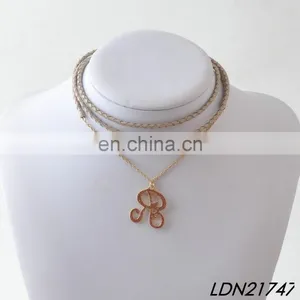 Layered Brown Handknitted Leather Necklace Jewelry Initial Pendant Gold Necklace Sets thumbnail-1