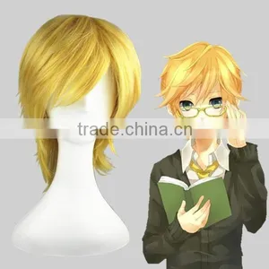 High Quality 35cm Short Straight VocAloid LEN Wig Blonde Synthetic Anime Wig Cosplay Hair Wigs Party Wig thumbnail-1