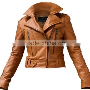 Guangzhou Manufactory OEM Ladies Genuine Leather Motorcycle Jacket thumbnail-1