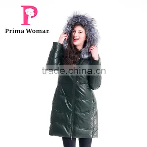 Winter Women Medium Length Slim Fit Leather Coat With Silver Fox Hat Overcoat thumbnail-4